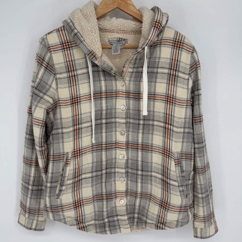 Carbon 2 Cobalt Jacket Womens Plaid Sherpa Lined Hooded Flannel Shirt Grey Small